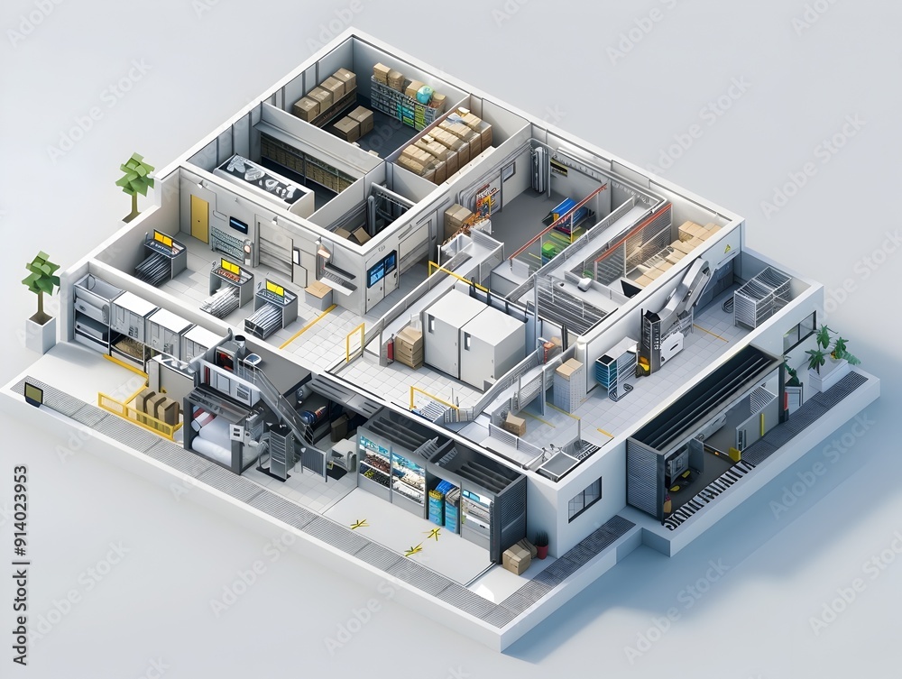 Generative Isometric 3D Cutaway View of a Delivery Service Headquarters with Technical Diagrams and Color Coded Zones