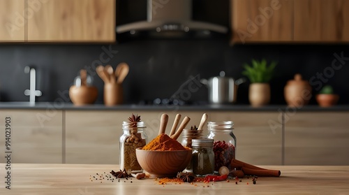 Kitchen table with various spices and kitchen utensils on blurred modern kitchen background.generative.ai