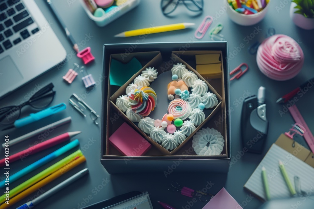 A creative and delicious-looking surprise for Boss's Day featuring office supplies shaped like a cake in a box. A creative and delicious-looking surprise for Boss's Day featuring office supplies shaped like a cake in a box.