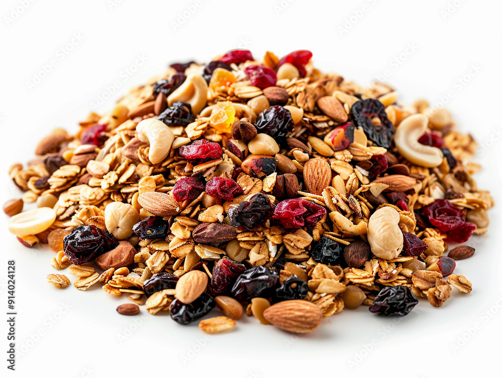 Nutritious Granola Pile Featuring Dried Fruits, Nuts, and Seeds on White Background Nutritious Granola Pile Featuring Dried Fruits, Nuts, and Seeds on White Background