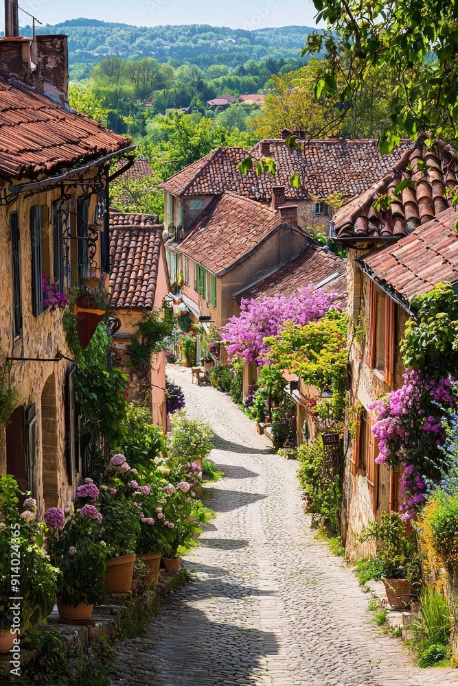 Fototapeta premium Bird's-eye view of a European village in spring, with pastel-colored houses and blooming flowers lining the streets.
