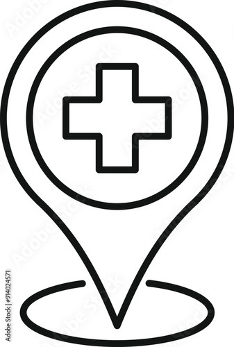 Location pin pointing medical clinic with cross symbol icon, simple style
