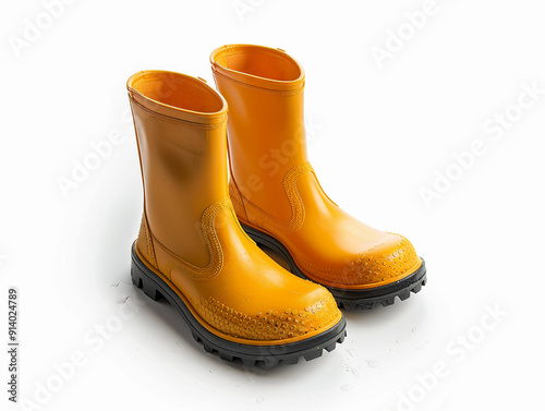 Bright Orange Waterproof Rubber Boots Standing on a White Background in Indoor Lighting