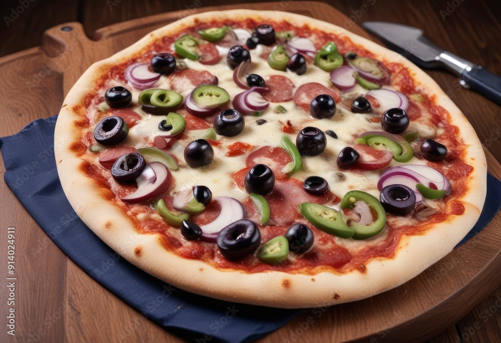35mm film photography, a supreme pizza topped with pepperoni, green bell peppers, red onions, mushrooms, and black olives, placed on a wooden pizza board, with melted cheese stretching as a slice, ai 35mm film photography, a supreme pizza topped with pepperoni, green bell peppers, red onions, mushrooms, and black olives, placed on a wooden pizza board, with melted cheese stretching as a slice, ai