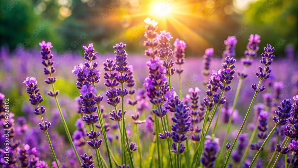 Naklejka premium Vibrant purple lavender blooms sway gently in the warm sunlight, casting a serene ambiance in the lush floral garden on a bright summer day.