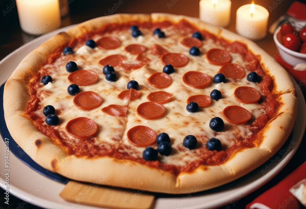 35mm film photography, supreme pizza, high detail, navy blue, cherry red and soft cream color scheme, golden hour glow 35mm film photography, supreme pizza, high detail, navy blue, cherry red and soft cream color scheme, golden hour glow
