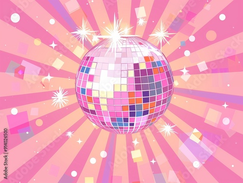 A pink disco ball with colorful squares, surrounded by sparkles and confetti on an illustration background.