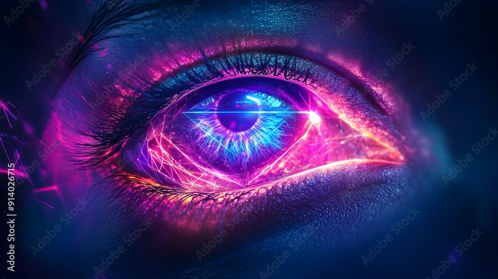 Neon Geometric Eye - Futuristic Abstract Digital Art