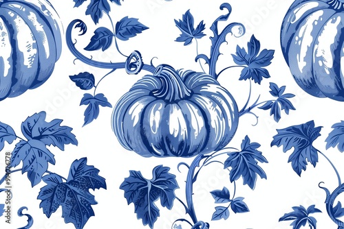 A blue and white hand drawn pumpkin pattern, with leaves on the background, white background