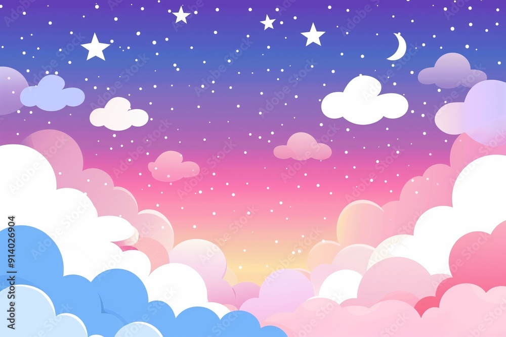 A pastel sky with clouds and stars, cartoon style illustration background design for a baby's room.