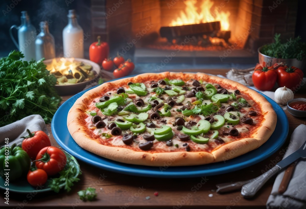 dark and mysterious, A supreme pizza presented on a colorful plate, with toppings like green peppers, onions, and pepperoni, garnished with fresh parsley, against a backdrop of a festive kitchen, ai dark and mysterious, A supreme pizza presented on a colorful plate, with toppings like green peppers, onions, and pepperoni, garnished with fresh parsley, against a backdrop of a festive kitchen, ai