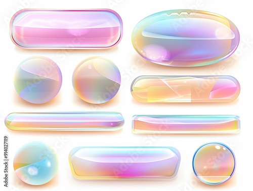 Set of realistic pastel rainbow gradient glass buttons, bubbles and rectangle shapes on white background.