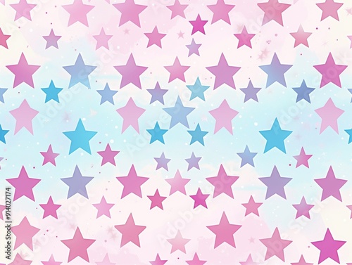 A pattern of pastel pink, blue and purple stars on an ethereal background.