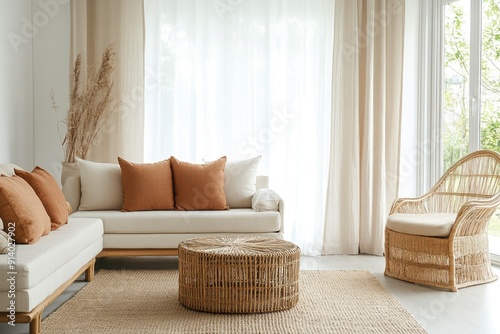 Interior of light living room with sofas, rattan table and soft carpet with generative ai