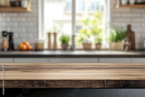 Kitchen counter with empty wooden board and blur modern kitchen interior background. Food and drink product podium stand tabletop with generative ai