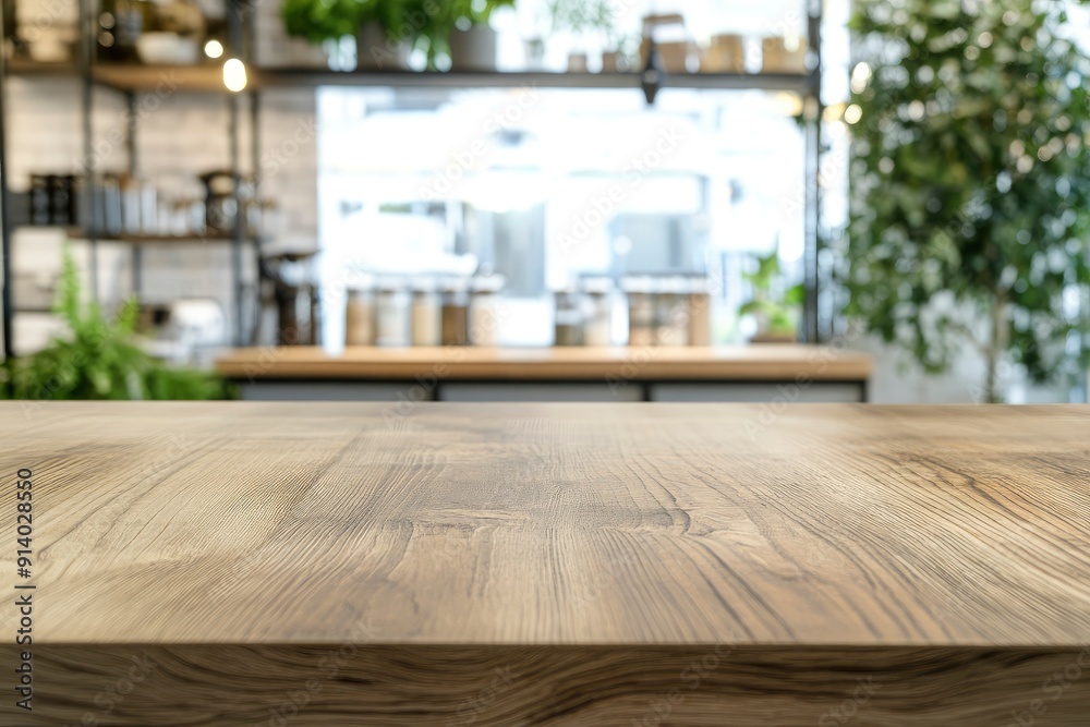 Kitchen counter with empty wooden board and blur modern kitchen interior background. Food and drink product podium stand tabletop with generative ai Kitchen counter with empty wooden board and blur modern kitchen interior background. Food and drink product podium stand tabletop with generative ai