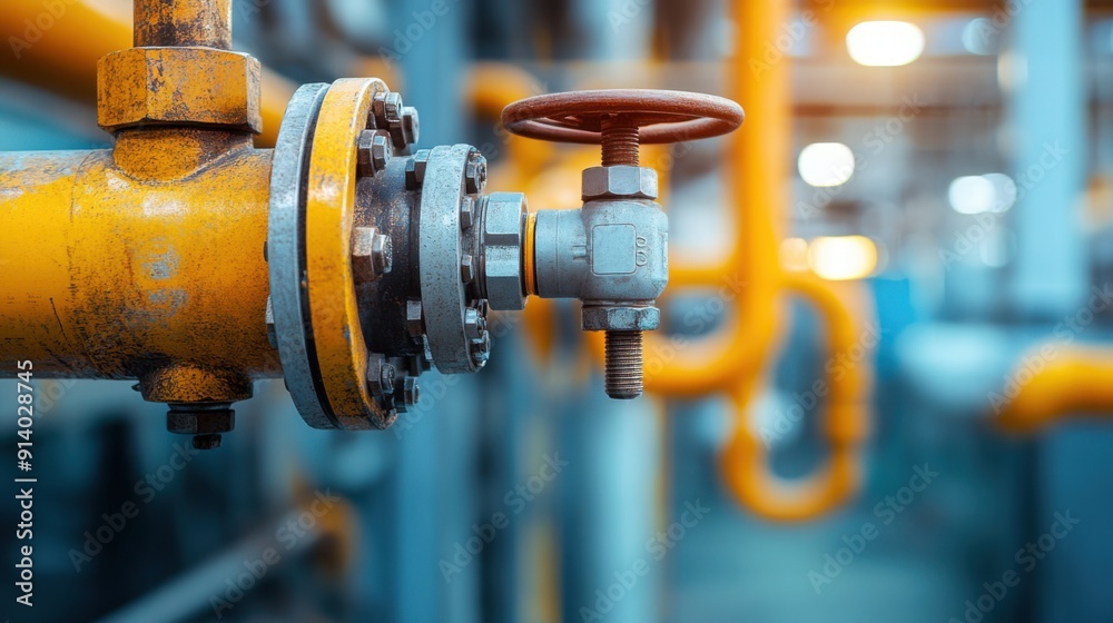 Detailed close-up view of a complex network of factory pipes and valves, showcasing intricate metal textures, joints, and fittings in a well-lit industrial environment Detailed close-up view of a complex network of factory pipes and valves, showcasing intricate metal textures, joints, and fittings in a well-lit industrial environment