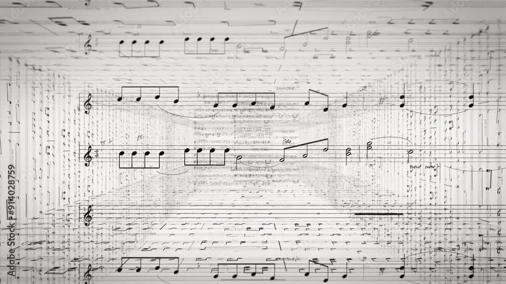 Flight through tunnel of paper sheet with musical notes, continuous loop animation with white background, concept for music videos