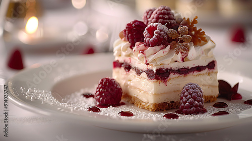 Envision romantic tableau featuring French Gateau Opera served Michelinstarred patisserie Paris Picture against backdrop of the Seine River where wishes for Parisian elegance and indulgence come true photo