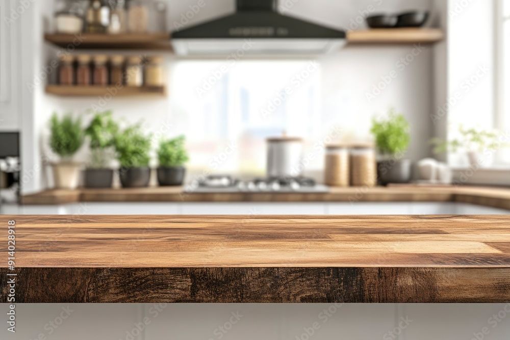 Fototapeta premium Kitchen counter with empty wooden board and blur modern kitchen interior background. Food and drink product podium stand tabletop with generative ai
