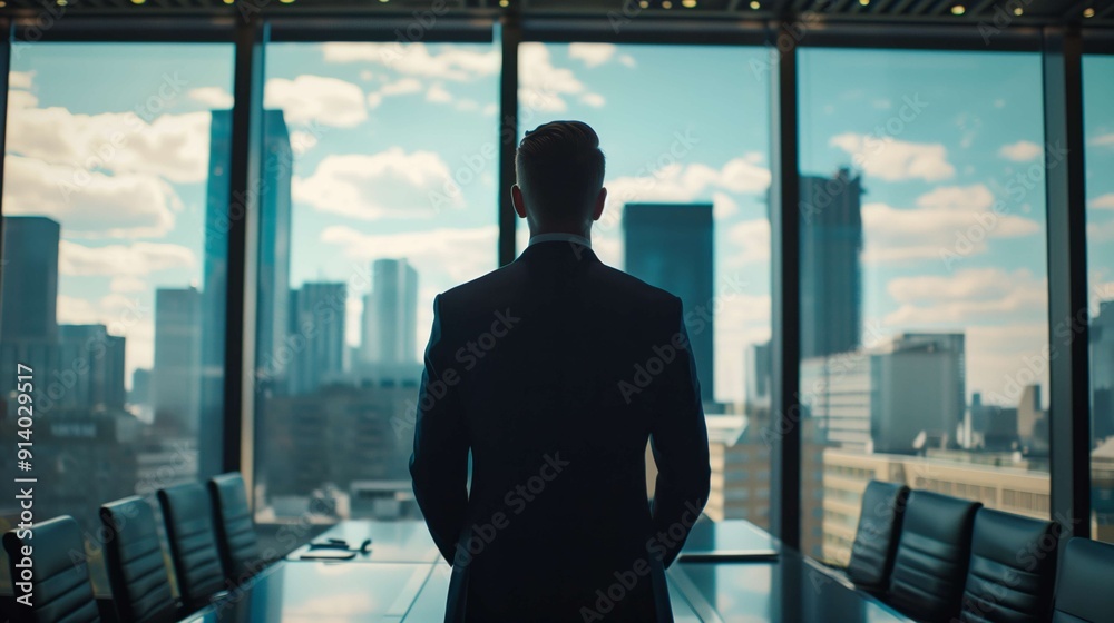 Businessman in a sharp suit stands in a modern office, looking out the window at the city skyline, symbolizing ambition and success Businessman in a sharp suit stands in a modern office, looking out the window at the city skyline, symbolizing ambition and success