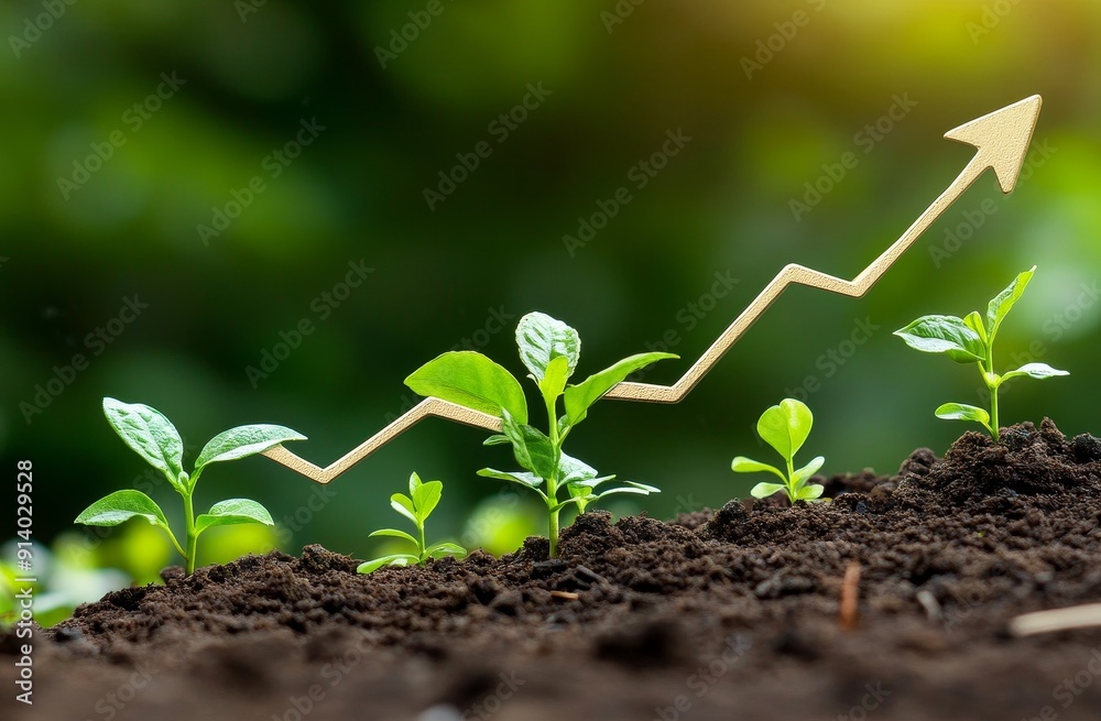 Fototapeta premium In the coin stacks, young plants are growing. Seedlings are growing with the business arrow of growth. Growth of money, finance, and investment.