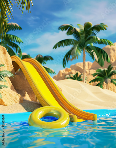 3d render of an inflatable slide in a swimming pool with palm trees