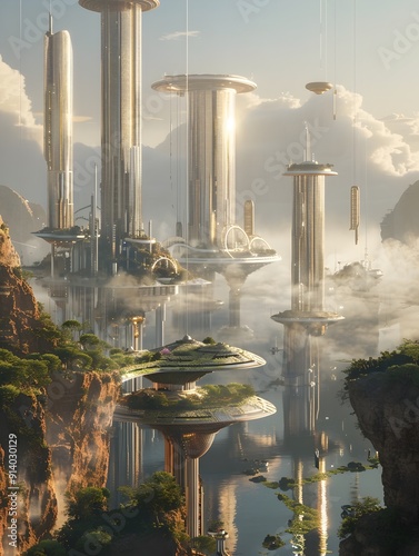 A Gleaming Crypto Powered Utopian Cityscape of Floating Islands and Soaring Towers Powered by Innovative Blockchain Technologies