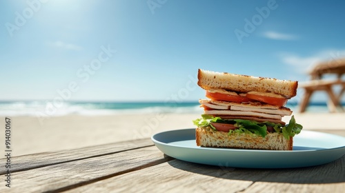 Fototapeta Naklejka Na Ścianę i Meble -  A freshly made sandwich with layers of lettuce, tomato, and turkey slices on a light blue plate, set against a backdrop of a serene beach with gentle waves and soft sand
