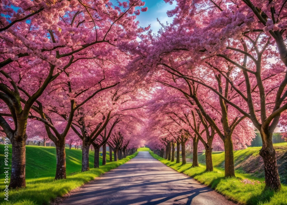 Vibrant pink cherry blossoms bloom abundantly along a serene winding road, creating a stunning natural tunnel of beauty under a clear blue sky.