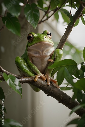 The Curious Case of the Green Tree Frog: A vibrant green tree frog perches on a branch, its captivating eyes peering out from a lush canopy of foliage. The intricate detail and muted tones create a se