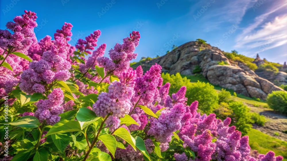 Purple lilac flowers of Syringa vulgaris bloom vibrantly against a soft blue sky on a rocky hillside with plenty of copy space, evoking a sense of serenity. Purple lilac flowers of Syringa vulgaris bloom vibrantly against a soft blue sky on a rocky hillside with plenty of copy space, evoking a sense of serenity.