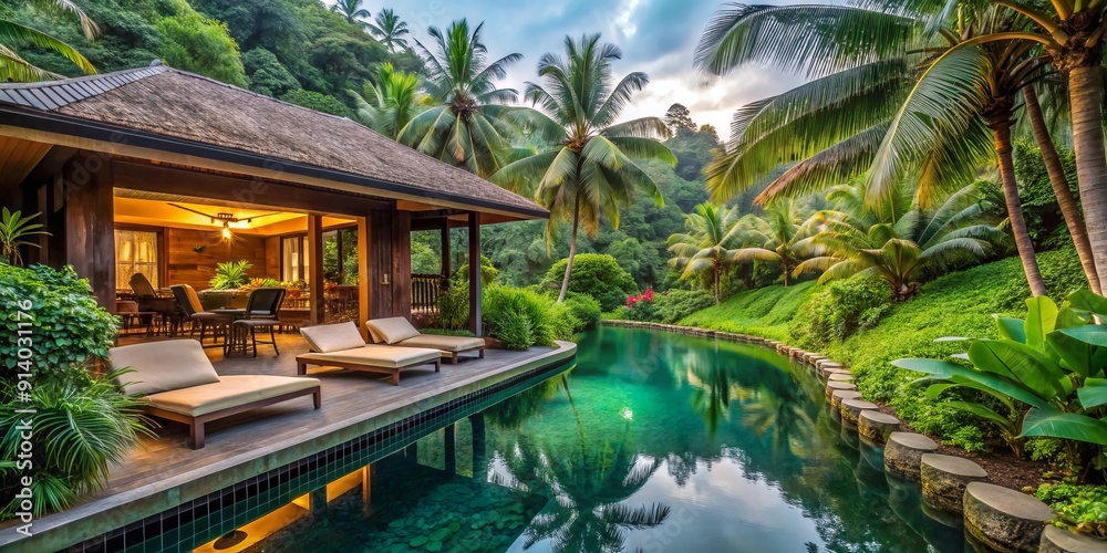 Serene tropical villa in Bali, Indonesia, surrounded by lush greenery, exotic plants, and tranquil water features, evoking a sense of relaxation and luxury. Serene tropical villa in Bali, Indonesia, surrounded by lush greenery, exotic plants, and tranquil water features, evoking a sense of relaxation and luxury.