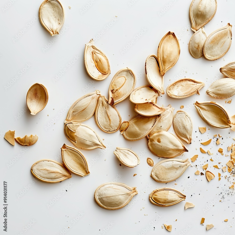 Pumpkin Seeds and Shells Scattered on White Surface Pumpkin Seeds and Shells Scattered on White Surface