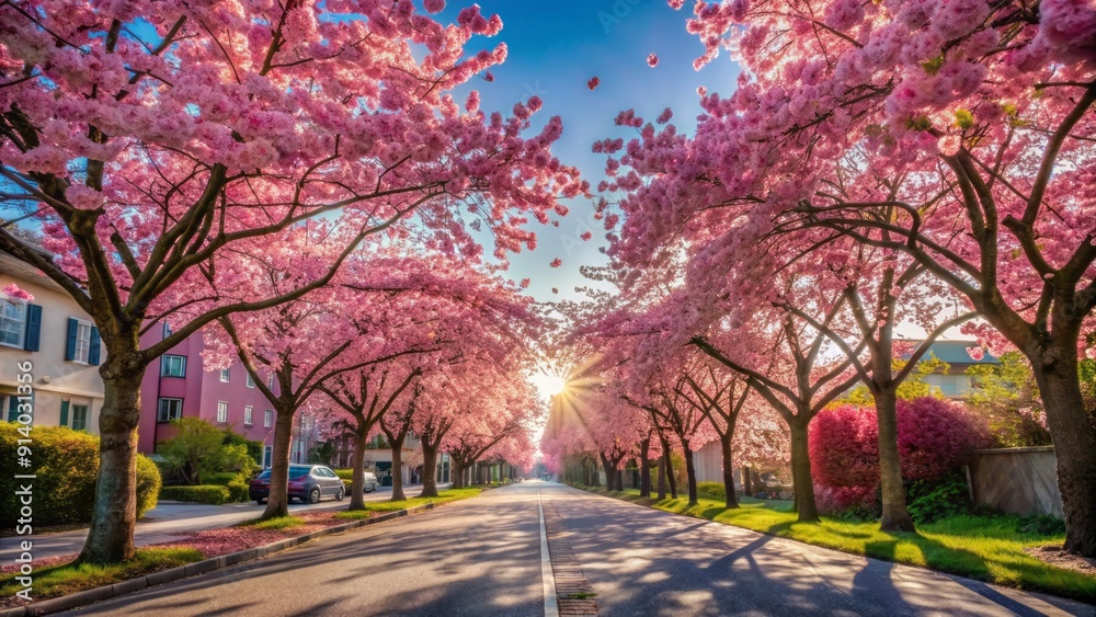 Vibrant pink cherry blossoms cascade above a serene, empty street, their delicate petals gently rustling in the breeze against a soft blue sky. Vibrant pink cherry blossoms cascade above a serene, empty street, their delicate petals gently rustling in the breeze against a soft blue sky.