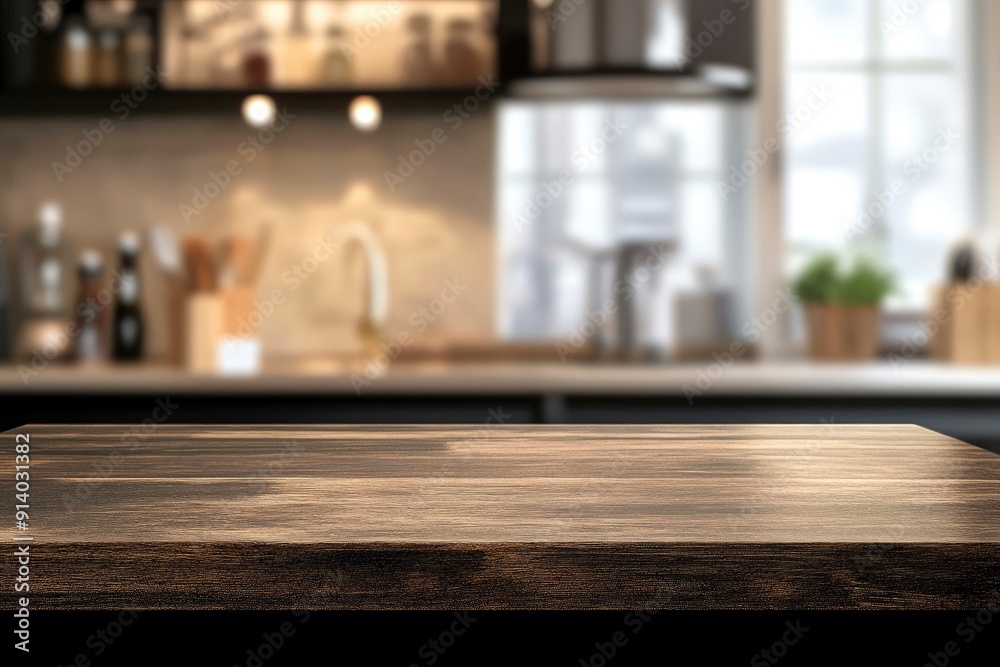 Kitchen counter with empty wooden board and blur modern kitchen interior background. Food and drink product podium stand tabletop with generative ai