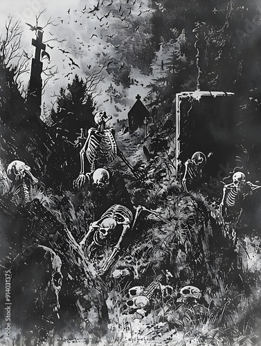 Skeletal Zombies Clawing Out of Eerie Foggy Cemetery in Grim Macabre
