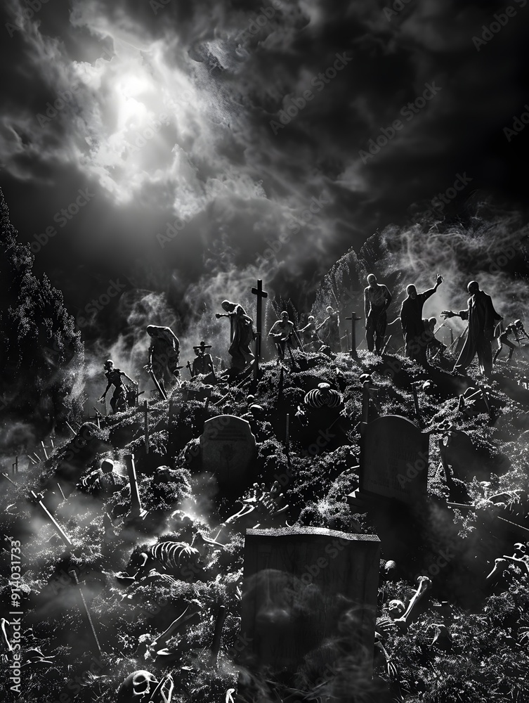 Fototapeta premium Haunting Midnight Cemetery with Emerging Skeletal Zombies in Cinematic Chiaroscuro Lighting