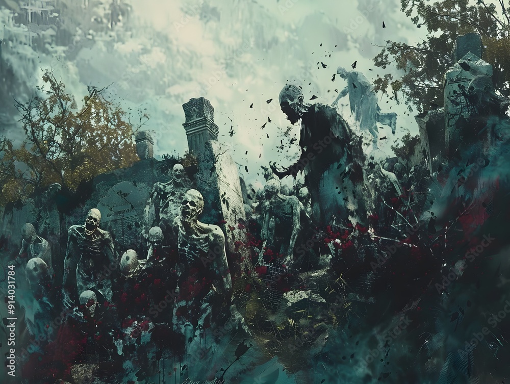 Swarming Shambling Zombies Emerging from an Overgrown Cryptic Cemetery in Muted Digital Painting Swarming Shambling Zombies Emerging from an Overgrown Cryptic Cemetery in Muted Digital Painting