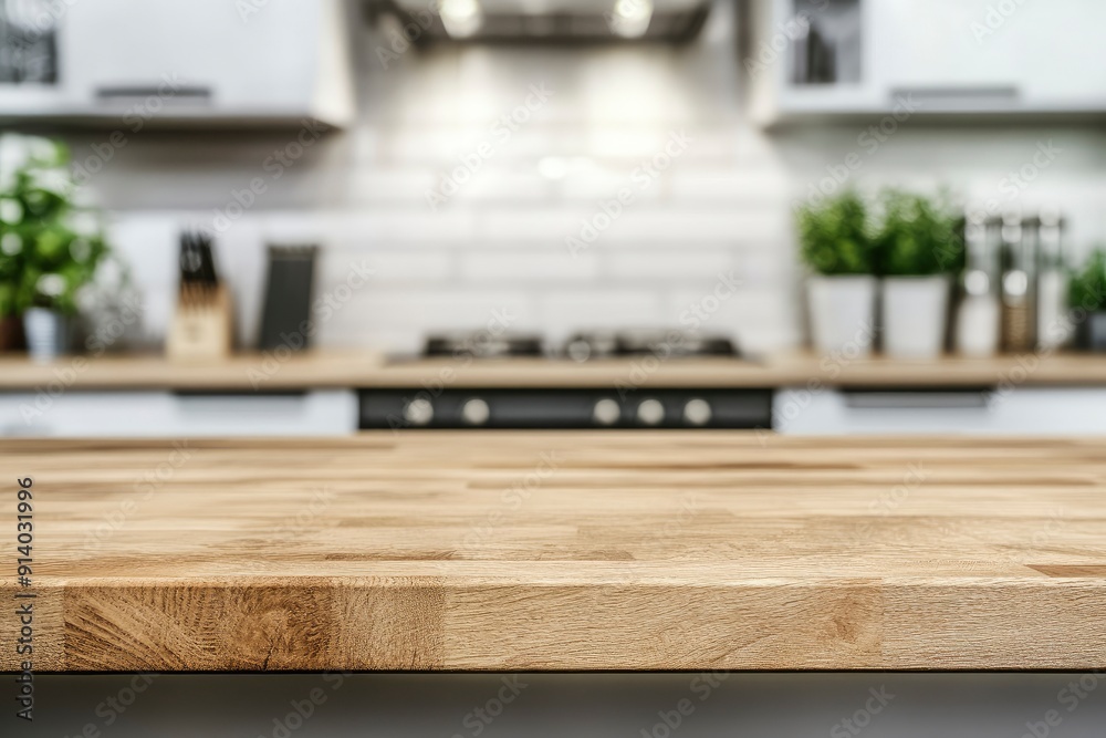 Kitchen counter with empty wooden board and blur modern kitchen interior background. Food and drink product podium stand tabletop with generative ai Kitchen counter with empty wooden board and blur modern kitchen interior background. Food and drink product podium stand tabletop with generative ai