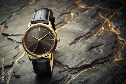 Sleek gold timepiece with dark dial and black leather strap posed on a luxurious stone-textured background, exuding sophistication and refinement, perfect for high-end watch promotions. photo