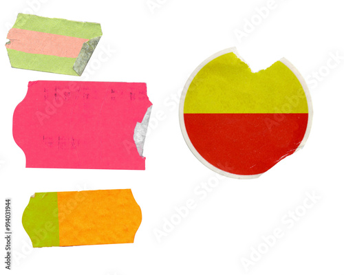 set of empty grungy adhesive price stickers, multicolored price tags with free  copy space, isolated on transparent background, business,sale,price concept
