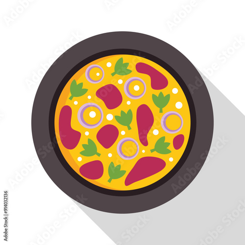 Delicious pizza with meat, onion, cheese and greens lying on black plate with long shadow