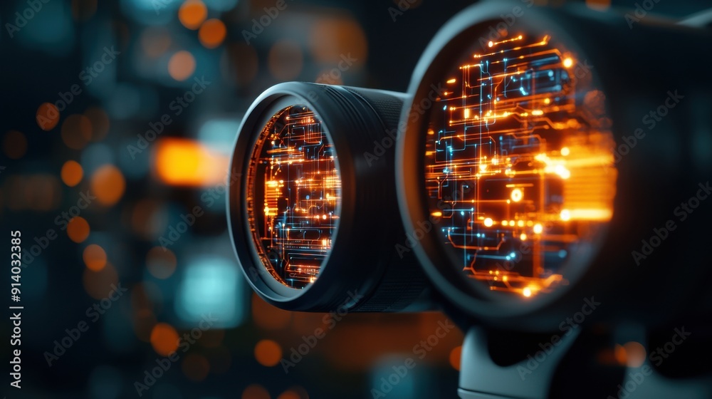 Close-up of a pair of binoculars focused on a digital landscape showing advanced AI systems with glowing circuits and data streams Close-up of a pair of binoculars focused on a digital landscape showing advanced AI systems with glowing circuits and data streams