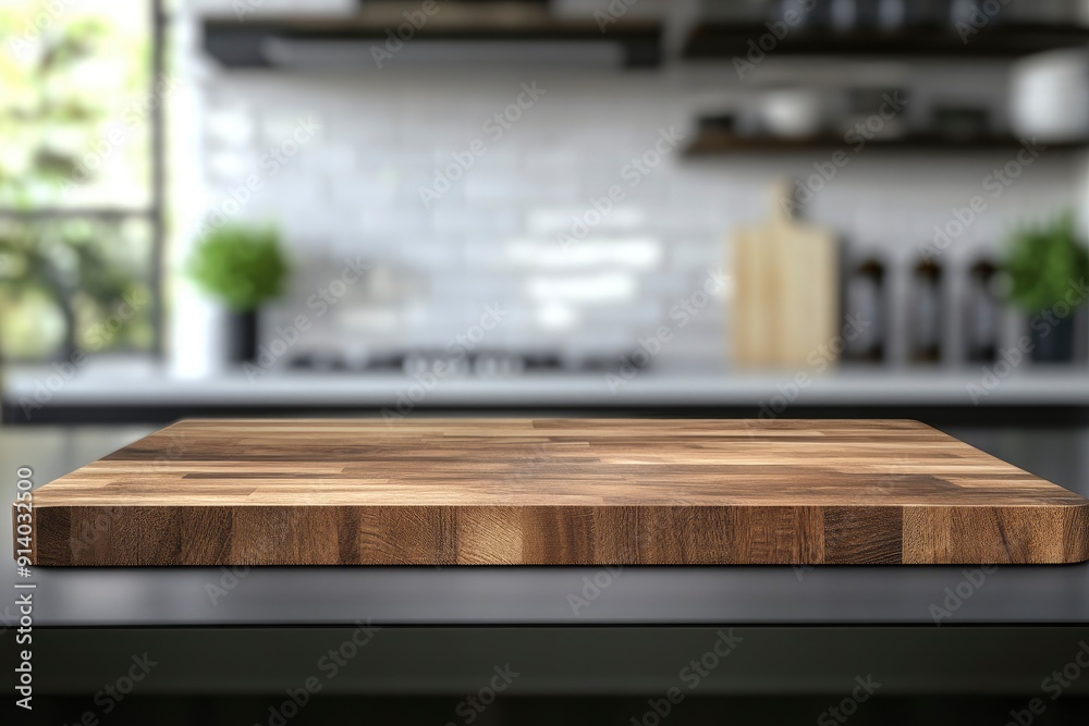Kitchen counter with empty wooden board and blur modern kitchen interior background. Food and drink product podium stand tabletop with generative ai Kitchen counter with empty wooden board and blur modern kitchen interior background. Food and drink product podium stand tabletop with generative ai