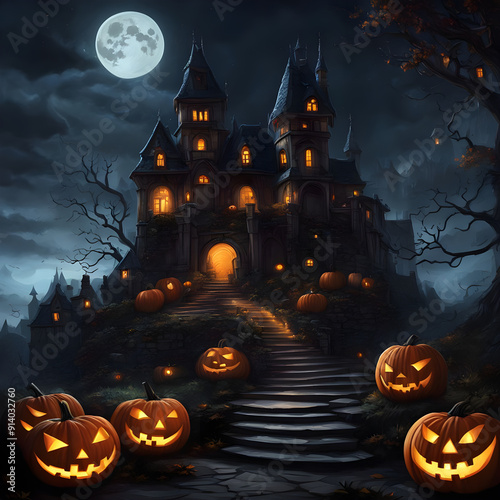 Fantasy Halloween Castle within a Giant Jack O' Lantern