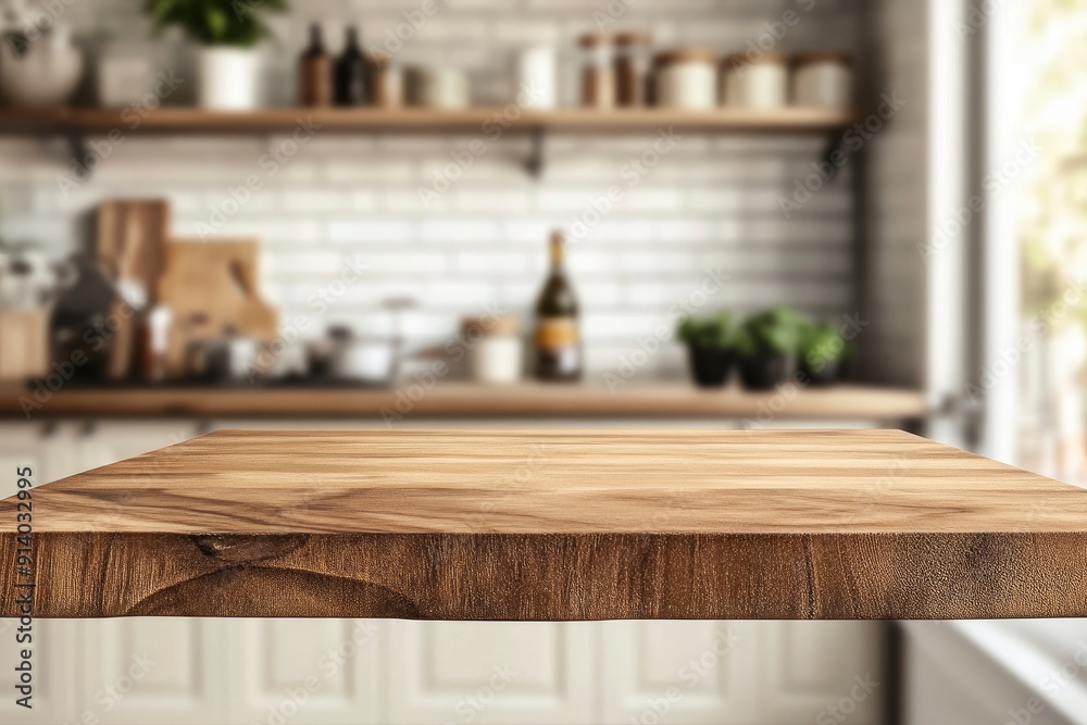 Kitchen counter with empty wooden board and blur modern kitchen interior background. Food and drink product podium stand tabletop with generative ai Kitchen counter with empty wooden board and blur modern kitchen interior background. Food and drink product podium stand tabletop with generative ai