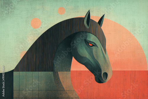 A detailed, stylized horse head with a stern expression, rendered in shades of red and teal, set against an abstract background, symbolizing strength and poise. photo