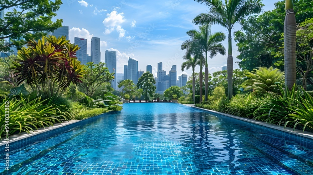 custom made wallpaper toronto digitalTranquil Urban Oasis with Art Sculptures and Lush Greenery City Skyline Visible