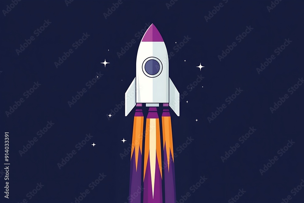 Obraz premium Futuristic Rocket Icon in Purple on Dark Blue Background - Side View Shot from the Front in Clean Flat Design